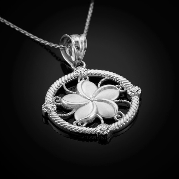 White Gold Hawaiian Plumeria Flower Diamond Pendant Necklace