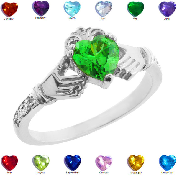 Sterling Silver Claddagh CZ Birthstone Ring