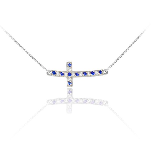 Sterling Silver Cute Blue and Clear CZ Sideways Curved Cross Necklace