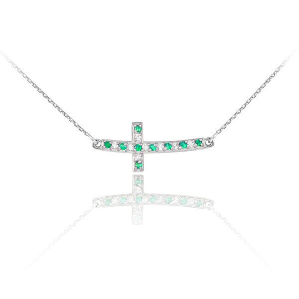 Sterling Silver Cute Green and Clear CZ Sideways Curved Cross Necklace