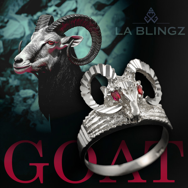 Sterling Silver Goat Red Marquise CZ Ram Head Textured Ring