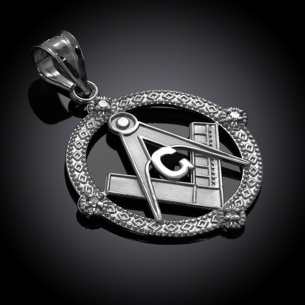 Sterling Silver Freemason Round Masonic CZ Pendant Necklace