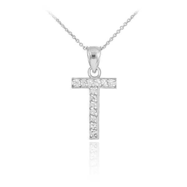 Sterling Silver Letter "T" CZ Initial Pendant Necklace