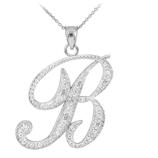 Sterling Silver Letter Script "B" CZ Initial Necklace