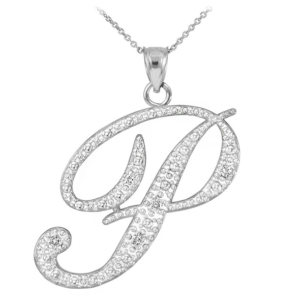 Sterling Silver Letter Script "P" CZ Initial Necklace
