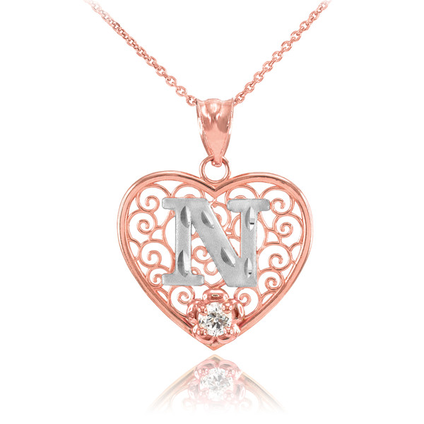 Two Tone Rose Gold Filigree Heart "N" Initial CZ Pendant Necklace
