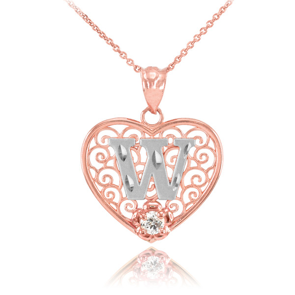 Two Tone Rose Gold Filigree Heart "W" Initial CZ Pendant Necklace