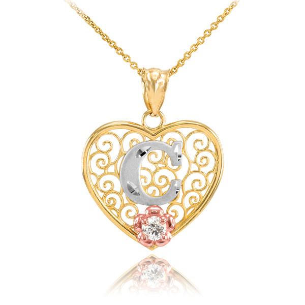 Two Tone Yellow Gold Filigree Heart "C" Initial CZ Pendant Necklace