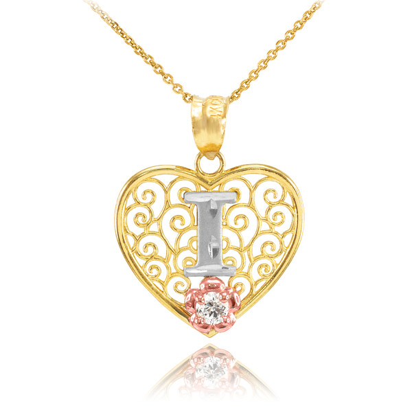 Two Tone Yellow Gold Filigree Heart "I" Initial CZ Pendant Necklace
