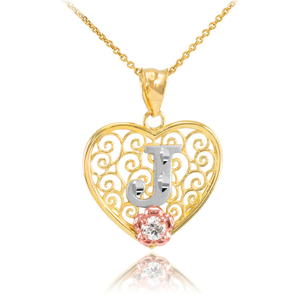 Two Tone Yellow Gold Filigree Heart "J" Initial CZ Pendant Necklace