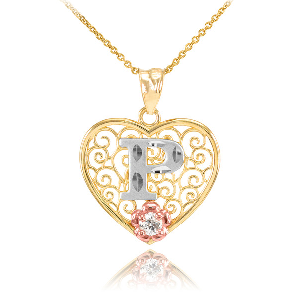 Two Tone Yellow Gold Filigree Heart "P" Initial CZ Pendant Necklace