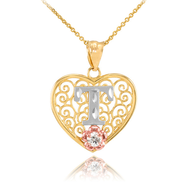 Two Tone Yellow Gold Filigree Heart "T" Initial CZ Pendant Necklace