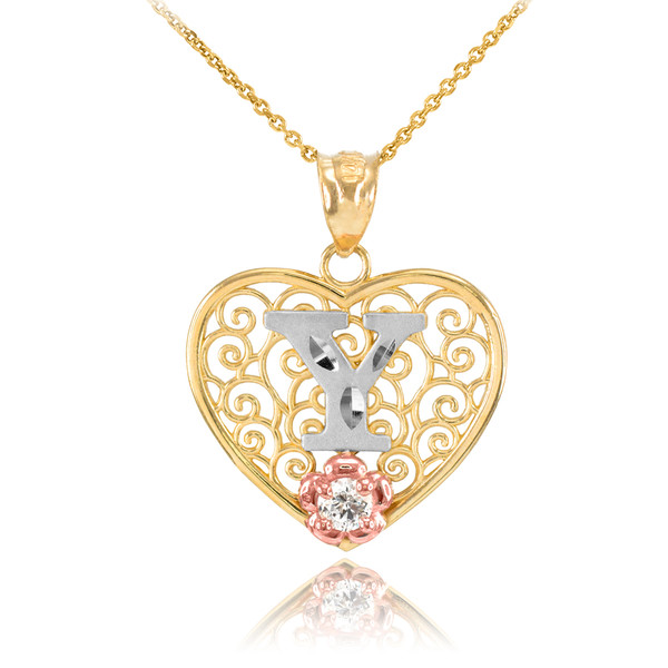 Two Tone Yellow Gold Filigree Heart "Y" Initial CZ Pendant Necklace
