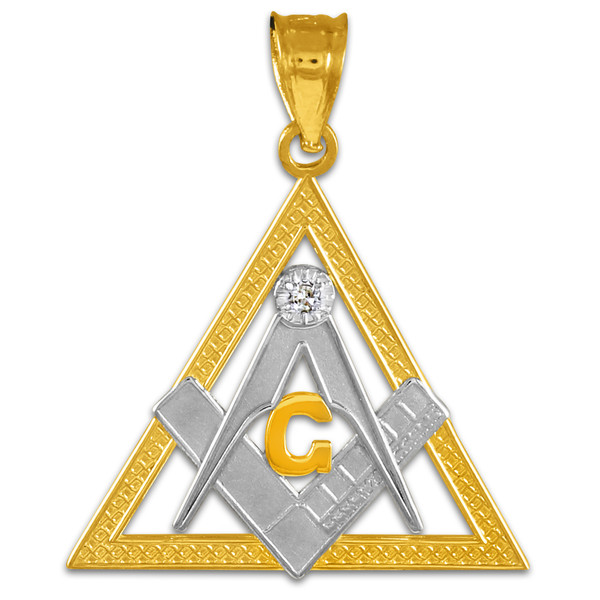 Two-Tone Gold Triangle Freemason Diamond Masonic Pendant Necklace