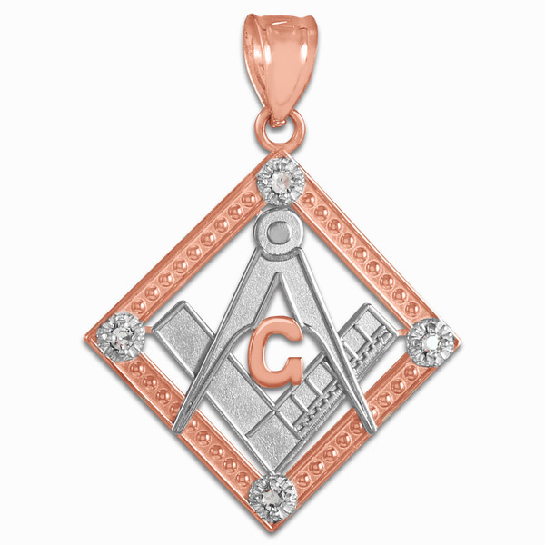 Two-Tone Rose Gold Square Freemason Diamond Masonic Pendant Necklace