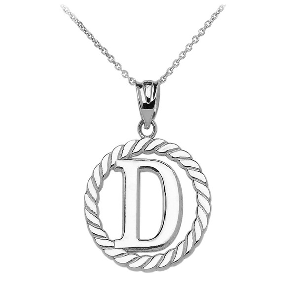 White Gold "D" Initial in Rope Circle Pendant Necklace