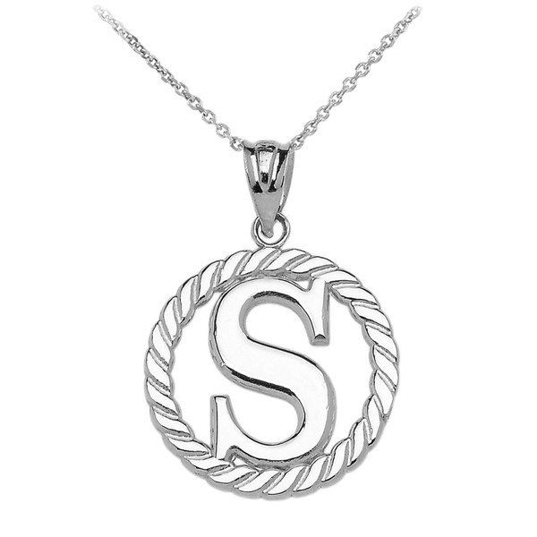 White Gold "S" Initial in Rope Circle Pendant Necklace