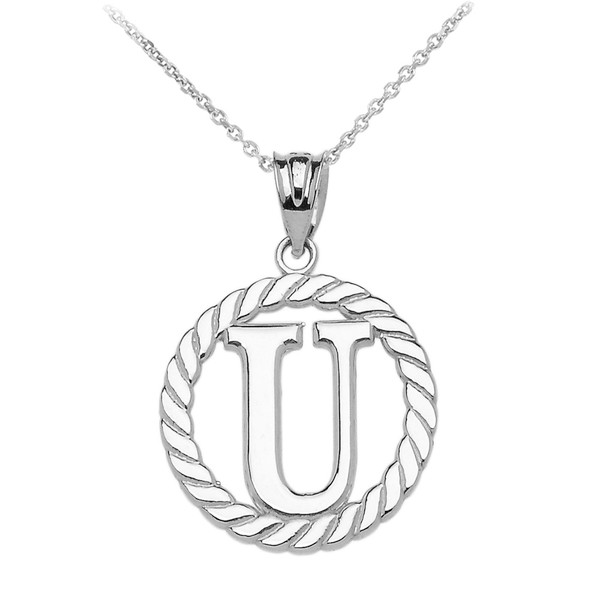 White Gold "U" Initial in Rope Circle Pendant Necklace