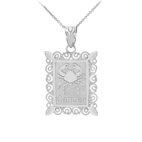 White Gold Cancer Zodiac Sign Filigree Pendant Necklace