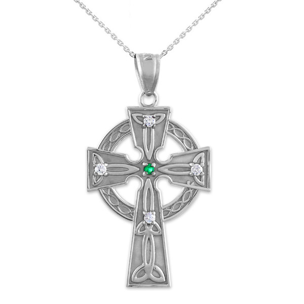 White Gold Celtic Trinity Diamond Cross Pendant Necklace with Emerald