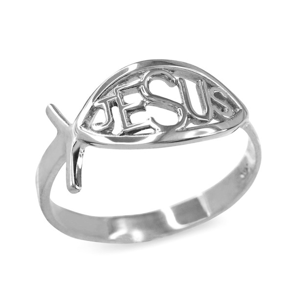 White Gold Christian Ichthus Jesus Ring