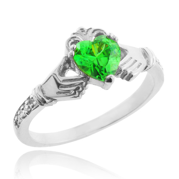 White Gold Claddagh CZ Birthstone Ring with Diamonds