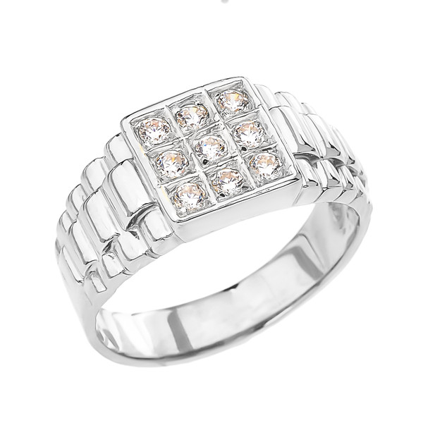 White Gold Cubic Zirconia Men's Ring With Watch Band Design