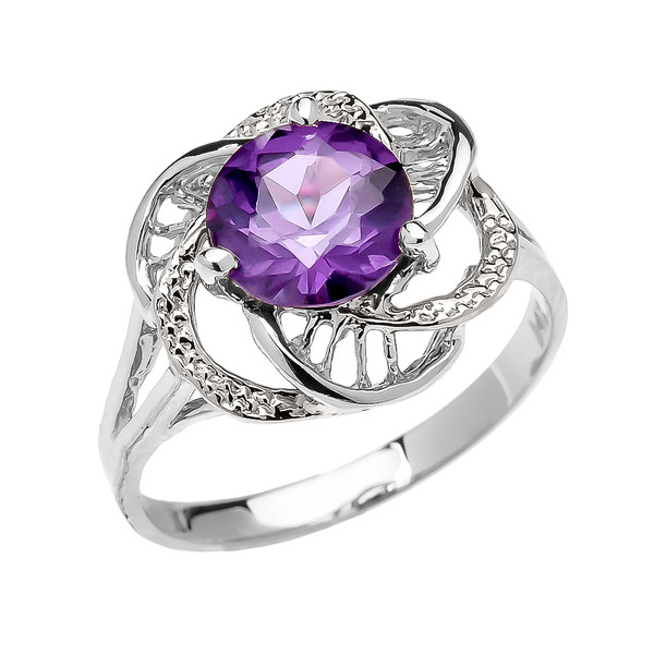 White Gold CZ Alexandrite Solitaire Modern Flower Ladies Ring