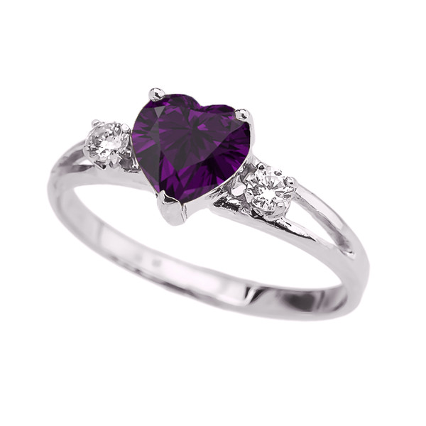 White Gold CZ Amethyst Heart Proposal/Promise Ring