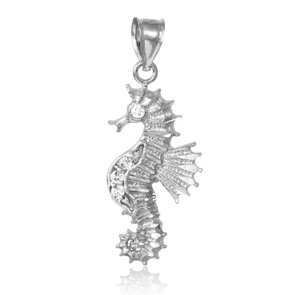 White Gold CZ Seahorse Charm Pendant