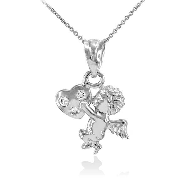 White Gold CZ Studded Angel Cherub Charm Necklace