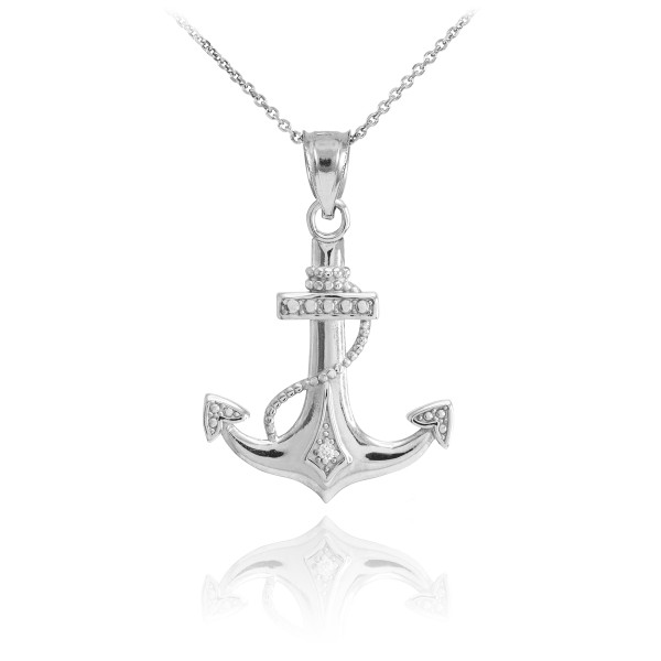 White Gold Diamond Anchor Pendant Necklace