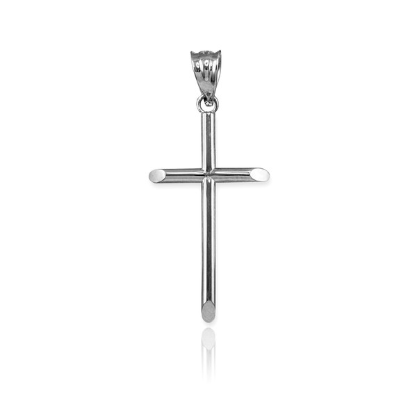 Polished White Gold Plain Tube Cross Charm Necklace (S/M/L)