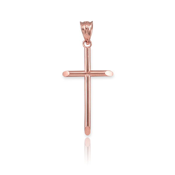 Polished Rose Gold Plain Tube Cross Charm Necklace (S/M/L)