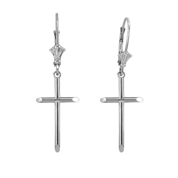 14K Polished White Gold Plain Tube Cross Earrings