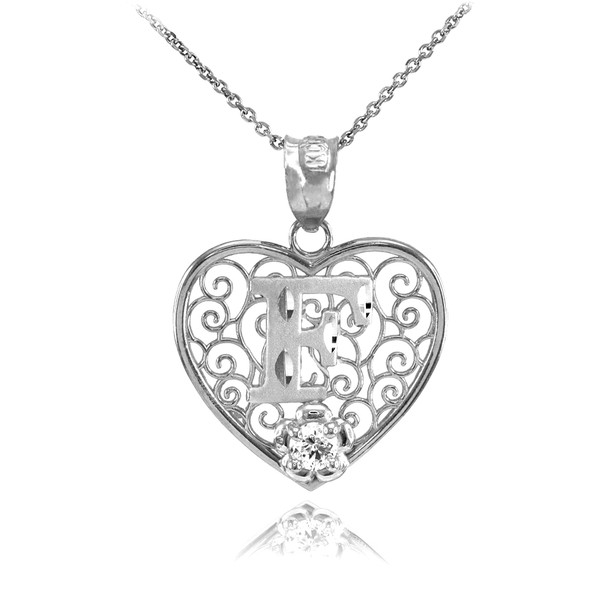 White Gold Filigree Heart "F" Initial CZ Pendant Necklace