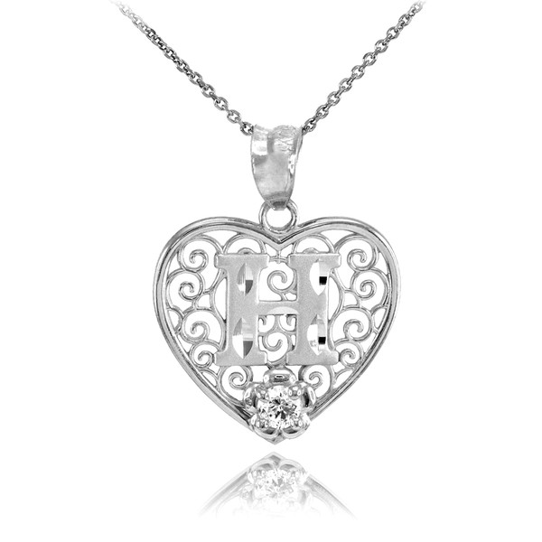 White Gold Filigree Heart "H" Initial CZ Pendant Necklace