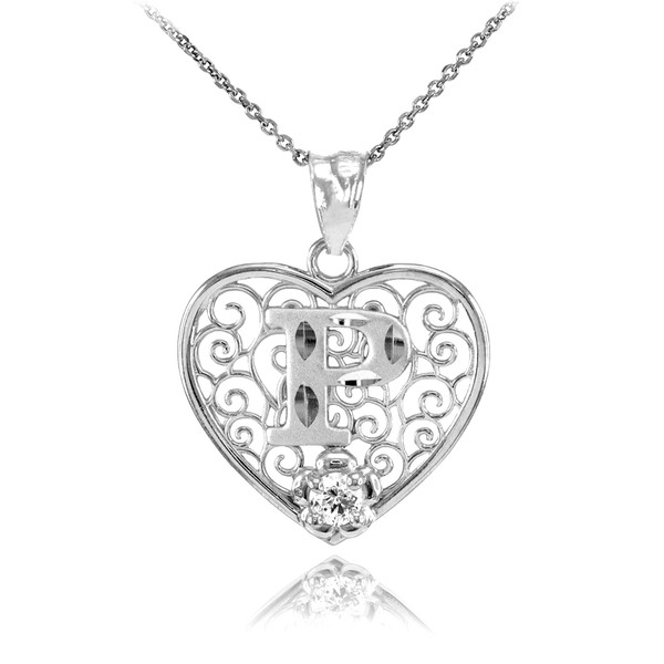 White Gold Filigree Heart "P" Initial CZ Pendant Necklace