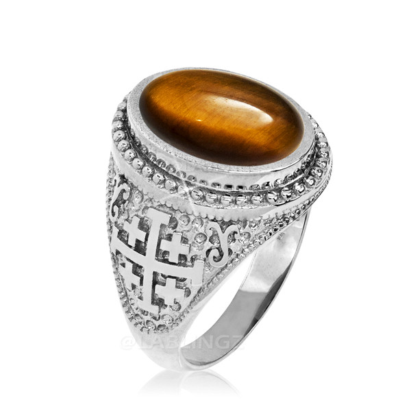 White Gold Jerusalem Cross Tiger Eye Gemstone Statement Ring