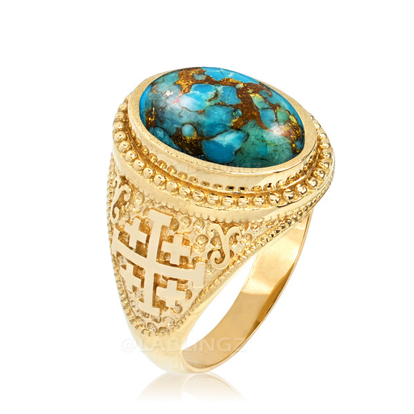 Yellow Gold Jerusalem Cross Blue Copper Turquoise Statement Ring