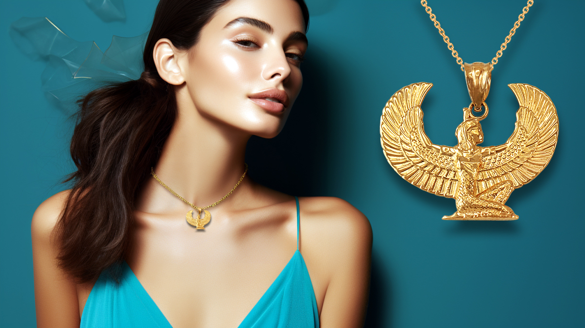 Gold Egyptian Isis Winged Goddess Pendant Necklace
