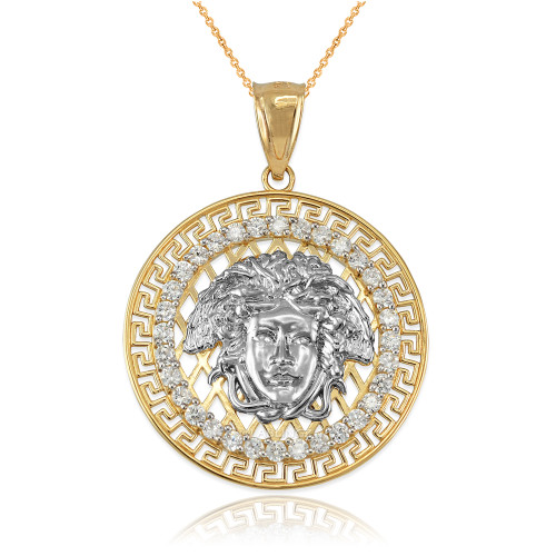 Two-Tone Gold Medusa CZ Medallion Pendant Necklace