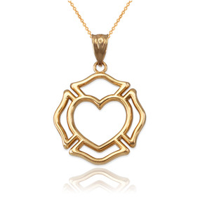 Yellow Gold Firefighter Claddagh Heart Pendant Necklace