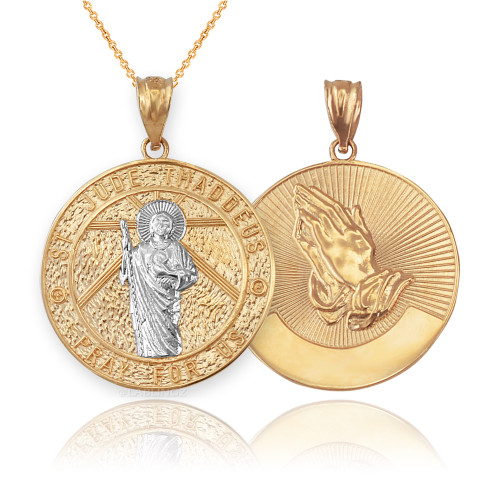 Two-Tone Gold St. Jude Reversible Pray Medal Pendant Necklace