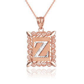 Two-tone Rose Gold Filigree Alphabet Initial Letter "Z" DC Pendant Necklace