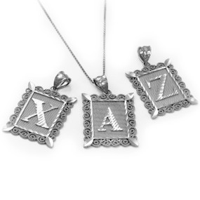 White Gold Filigree Alphabet Letter Initial A-Z Large Personalized Pendant Necklace