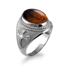 Silver Fleur-de-Lis Cross Tiger Eye Ring