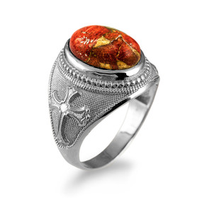 Silver Fleur-de-Lis Cross Orange Copper Turquoise Ring