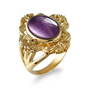 Gold Fleur-de-Lis Amethyst Oval Cabochon Ring