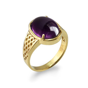 Amethyst Oval Cabochon Gold Lattice Band Ring